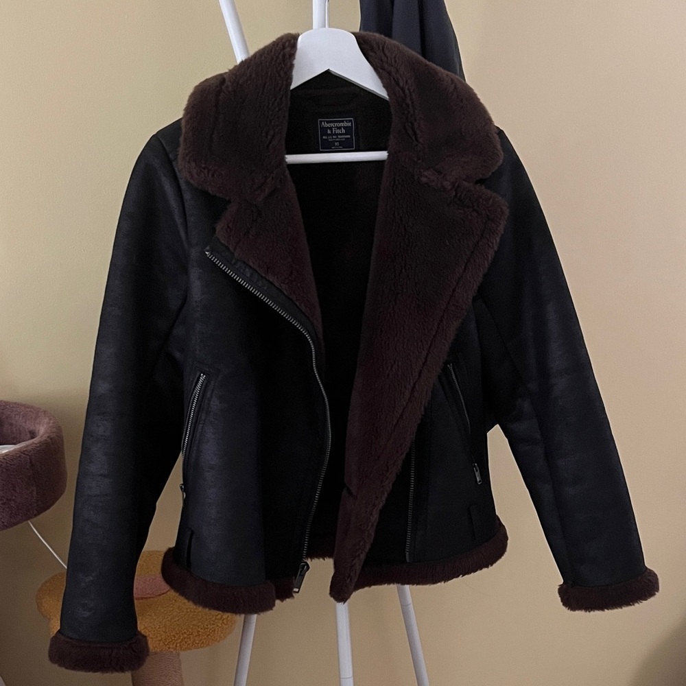 Abercrombie & Fitch Black Leather Jacket with Brown Fur